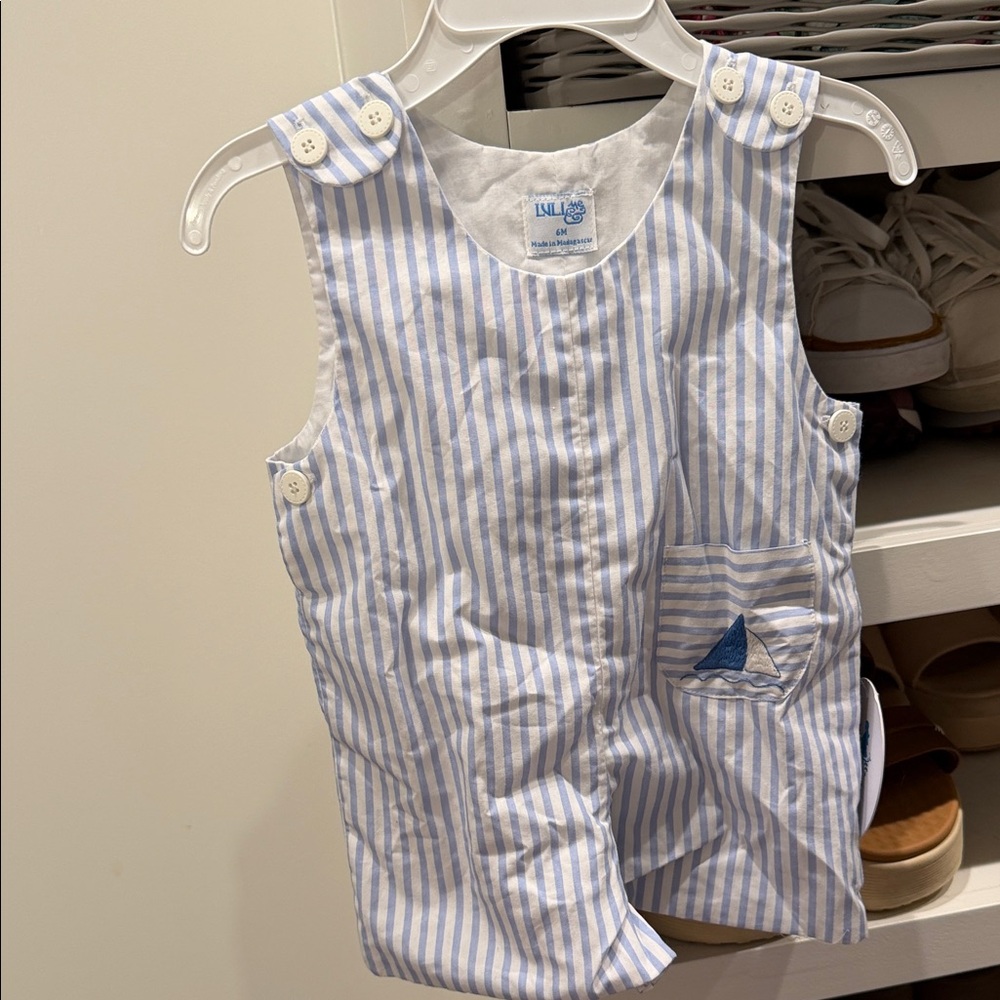 Luli & Me Light Blue and White Striped Sailboat Romper